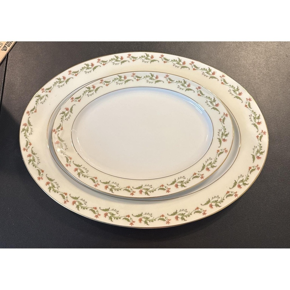 Heinrich Selb Bavaria Germany Gold Trim‎ Pink Flowers Oval Serving Platters 2